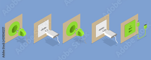 3D Isometric Flat Vector Set of Electric Sockets And Plugs, Energy Outlet