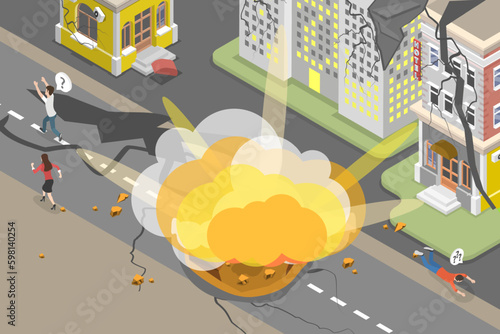 3D Isometric Flat Vector Conceptual Illustration of War, Afraid People Running Away