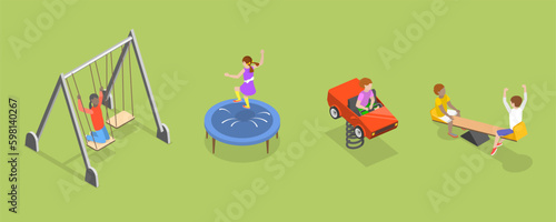 3D Isometric Flat Vector Set of Kids Playground Elements, Summer Activities