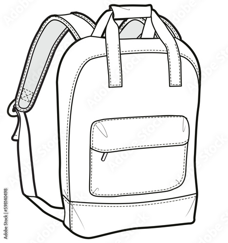 rucksack backpack flat sketch vector illustration school bag technical cad drawing template