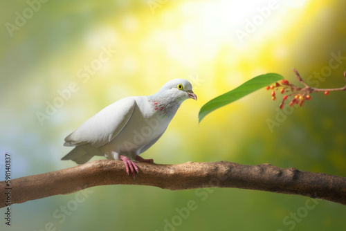 A dove of peace alighting on a tree branch with a rainbow overhead.. AI generation. Generative AI