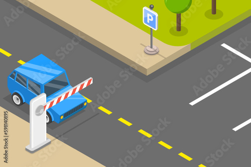 3D Isometric Flat Vector Conceptual Illustration of Parking Barrier Gate, Paid Parking Lot