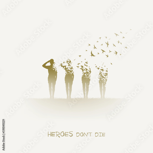 Army of soldiers. Death, afterlife. Flying birds. Isolated silhouette