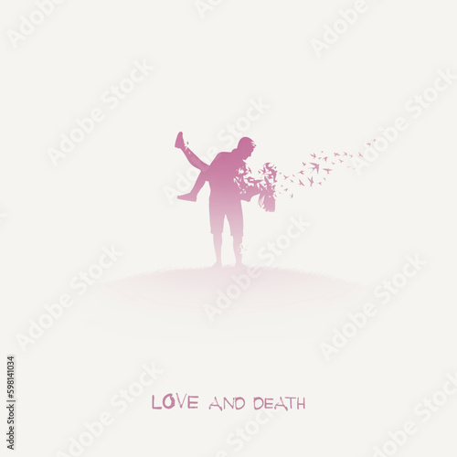 Lovers silhouette. Death, afterlife. Flying bird. Isolated silhouette