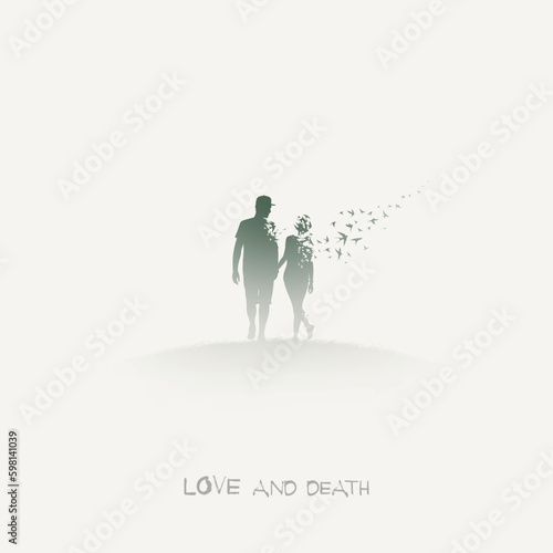 Couple in love walking. Afterlife. Flying birds. Isolated silhouette
