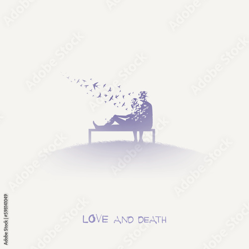 Loving couple on bench. Afterlife. Flying birds. Isolated silhouette