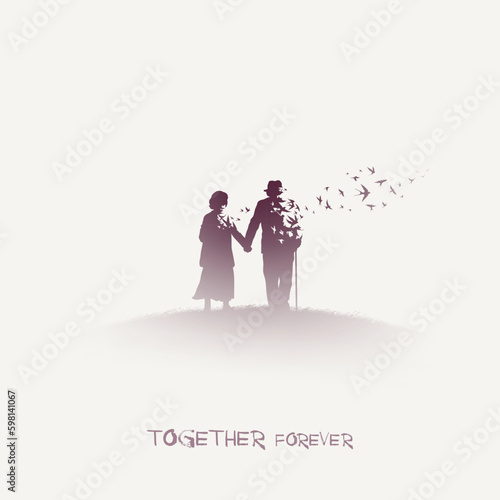 Elderly couple. Afterlife. Flying swallows flock. Isolated silhouette