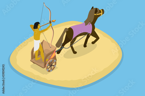 3D Isometric Flat Vector Conceptual Illustration of Egyptian Chariot , Ancient Archer Riding a Horse