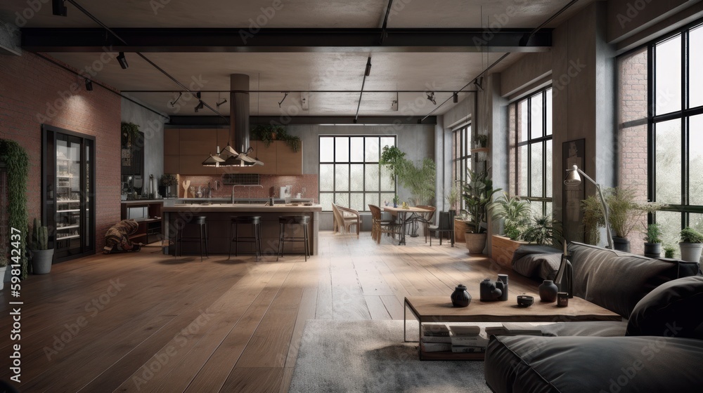 Minimalist decor and open spaces in a loft-style apartment. AI generated