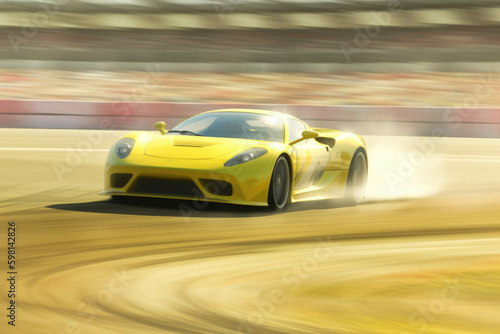 A powerful yellow sports car drifting around a track with the sunlight reflecting off its body. Speed drive concept. AI generation. Generative AI