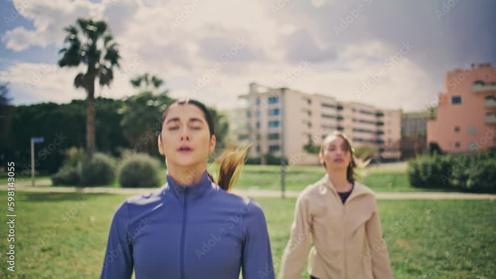 Sport besties jumping park cloudy nature closeup. Active ladies cardio workout Generative AI Sport besties jumping park cloudy nature closeup. Active ladies cardio workout Generative AI