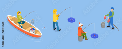 3D Isometric Flat Vector Set of Fishermen, Hobbies and Leisure Activities