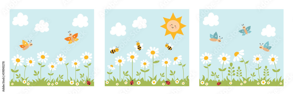 Set of nature landscape  with bees, butterflies, ladybugs, grass, flowers, sun and clouds. Cute cartoon childish background. Vector illustration.