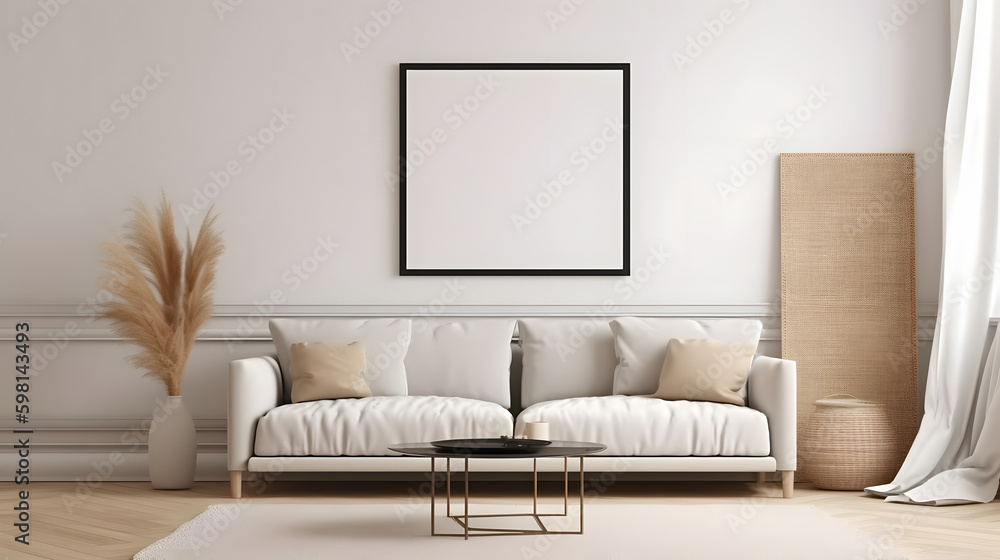 Blank horizontal poster frame mock up in scandinavian style living room interior, modern living room interior background, beige sofa and pampas grass, 3d rendering Blank horizontal poster frame mock up in scandinavian style living room interior, modern living room interior background, beige sofa and pampas grass, 3d rendering