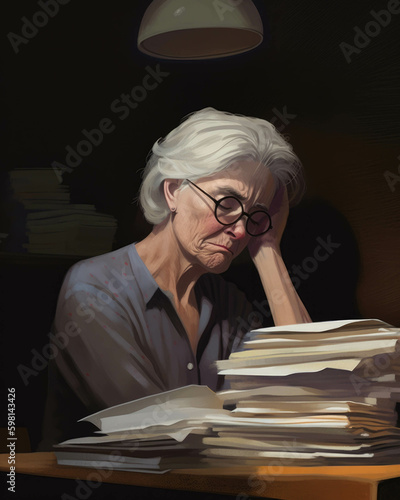 A senior woman her eyes closed in despair as she looks sadly at a stack of overdue notices from utilities medical bills and other services.. AI generation. Generative AI