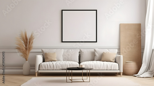 Blank horizontal poster frame mock up in scandinavian style living room interior, modern living room interior background, beige sofa and pampas grass, 3d rendering © Prasanth
