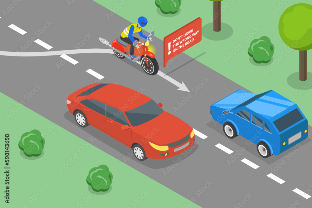 3D Isometric Flat Vector Conceptual Illustration of Driving Safety, Do not Drive the Wrong Way on the Road 3D Isometric Flat Vector Conceptual Illustration of Driving Safety, Do not Drive the Wrong Way on the Road