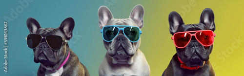 Generative Ai image of french bulldogswearing colorful sunglasses