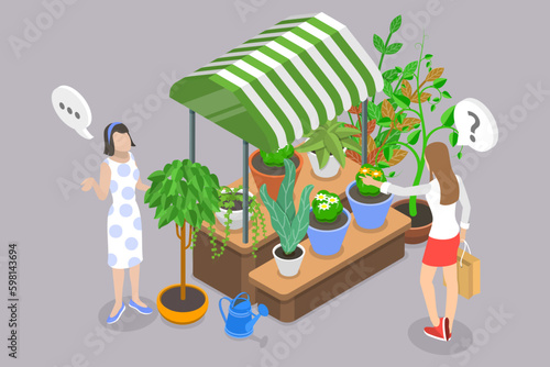 3D Isometric Flat Vector Conceptual Illustration of Florist, Local Houseplant Shop