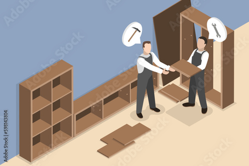 3D Isometric Flat Vector Conceptual Illustration of Furniture Assembly, Crafting Process