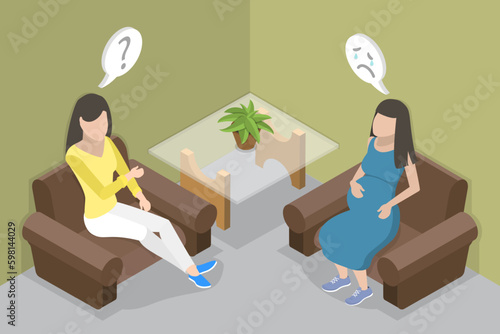 3D Isometric Flat Vector Conceptual Illustration of Psychological Support For Pregnant, Family Therapy