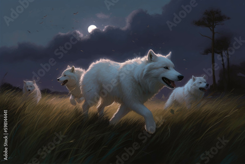 A pack of dire wolves their white fur glowing in the moonlight chasing after an unsuspecting mouse across a grassy plain.. AI generation. Generative AI