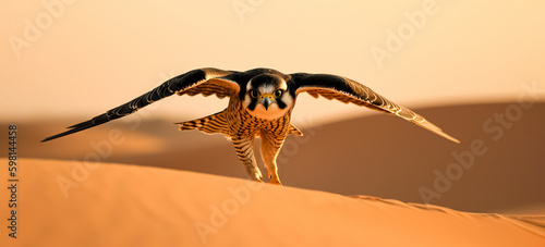 One flying falcon in the nature background in the sunset time, digital art
 photo