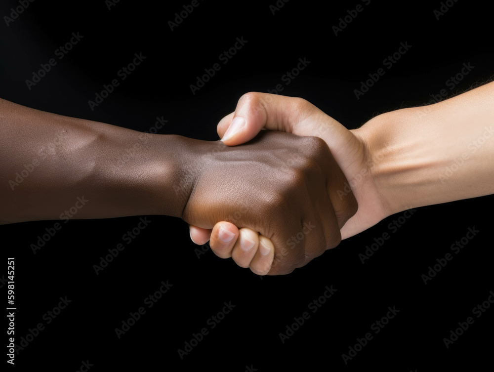 A closeup of two hands one white and one black side by side with the words “Fight Racism Together visible between them.. AI generation. Generative AI