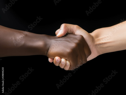 A closeup of two hands one white and one black side by side with the words “Fight Racism Together visible between them.. AI generation. Generative AI