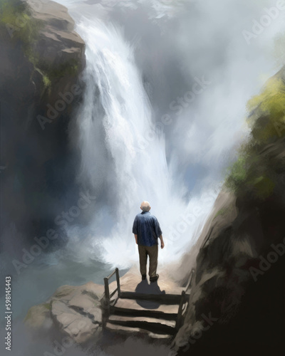 A retiree standing atop a waterfall looking down into the abyss feeling the thrill of a new start and a new challenge.. AI generation. Generative AI