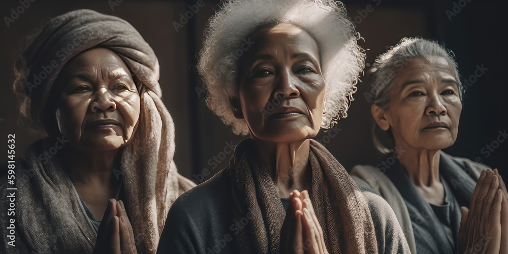 Naklejka premium Three diverse elderly women meditating or praying. Generative AI.