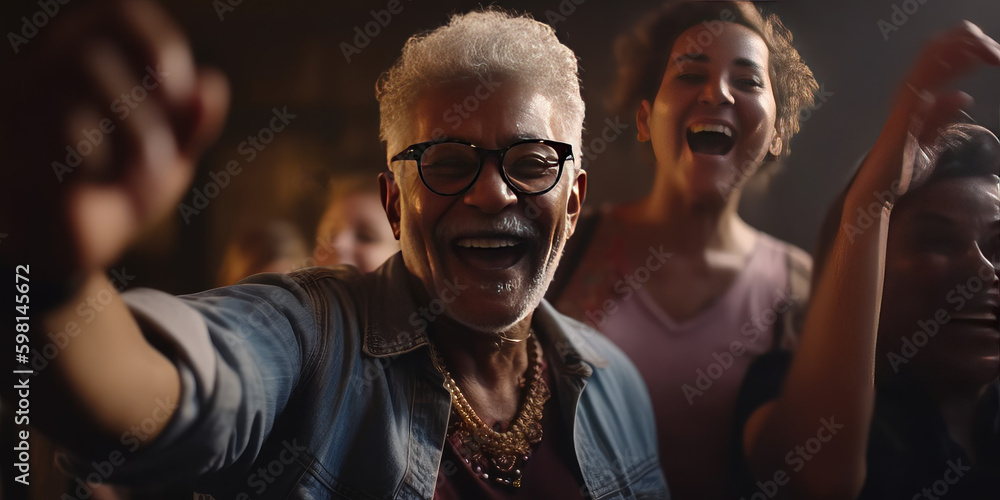 Portrait of happy elderly man dancing in club. Generative AI.
