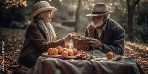 Couple of retired people with hats sitting in park and eating fruit during picnic. Generative AI.