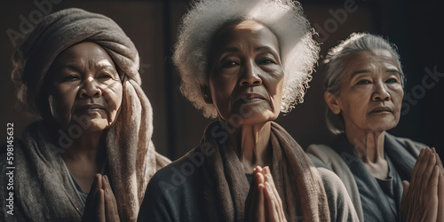 Three diverse elderly women meditating or praying. Generative AI.