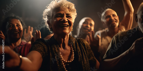 Elderly woman dancing in night club with her friends. Generative AI.