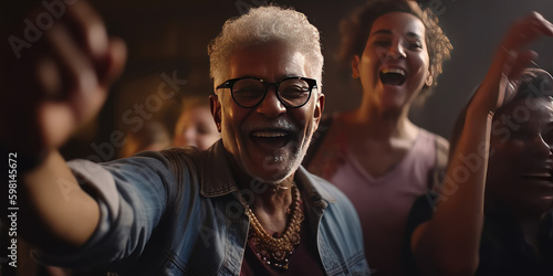 Portrait of happy elderly man dancing in club. Generative AI.