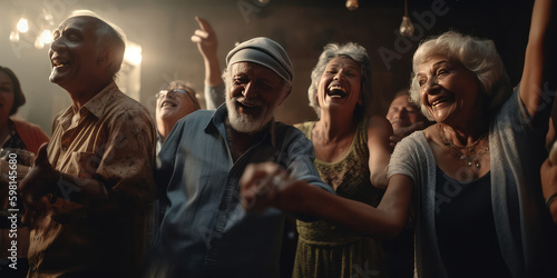 Group of cheerful elderly people dancing in club. Generative AI.