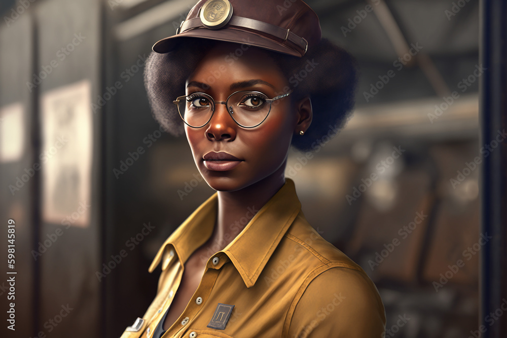 Working class afro American woman in working clothes, fictitious person. AI generated image Working class afro American woman in working clothes, fictitious person. AI generated image