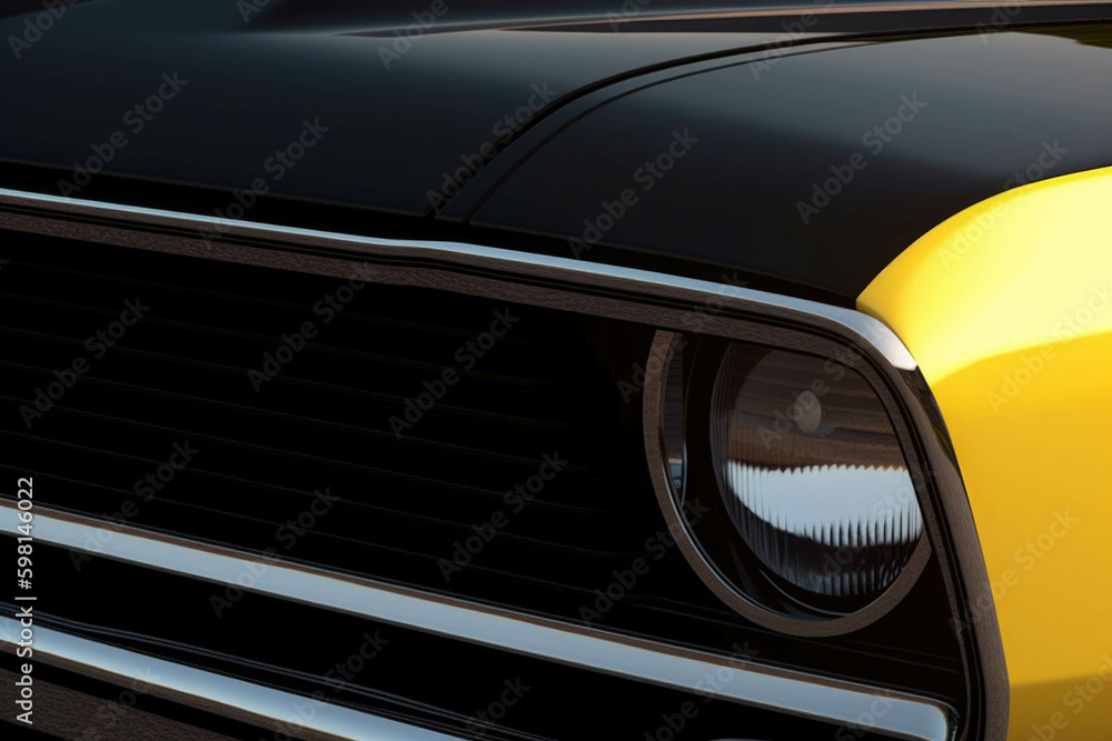 Closeup of an oldschool yellow drag racing car with a black hood and red racing stripes. Speed drive concept. AI generation. Generative AI