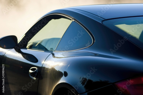 A close up of a black racing car with the reflection of a blurred blue sky in its paint. Speed drive concept. AI generation. Generative AI