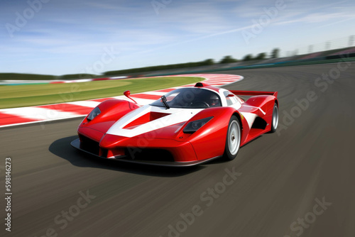 A red and white sports car drifting around a long curve on a professional racing track. Speed drive concept. AI generation. Generative AI