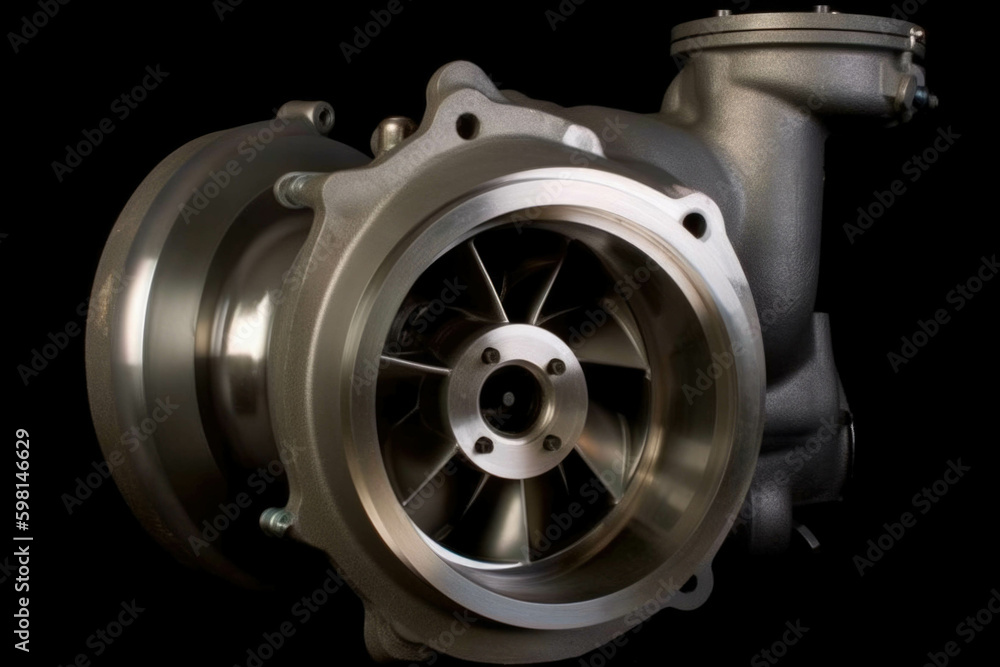 A photo of a turbocharger fan that has been engineered to reduce drag and provide increased power for a Formula Speed drive concept. AI generation. Generative AI