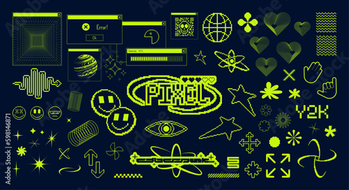 Acid Y2k collage elements, retrofuturistic graphic assets for design, posters, merch, t-shirt, typography. Pixel art, Y2K graphic set. Brutalism, anti design, futuristic lettering. Acid vector set