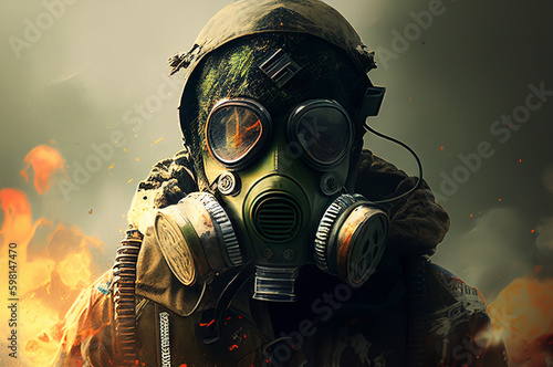 Gas mask on man during explosion. Chemical weapons against civil, destruction of houses and buildings. nuclear war concept. Nuclear explosion as a radioactivity result of world military conflict. AI © MaxSafaniuk