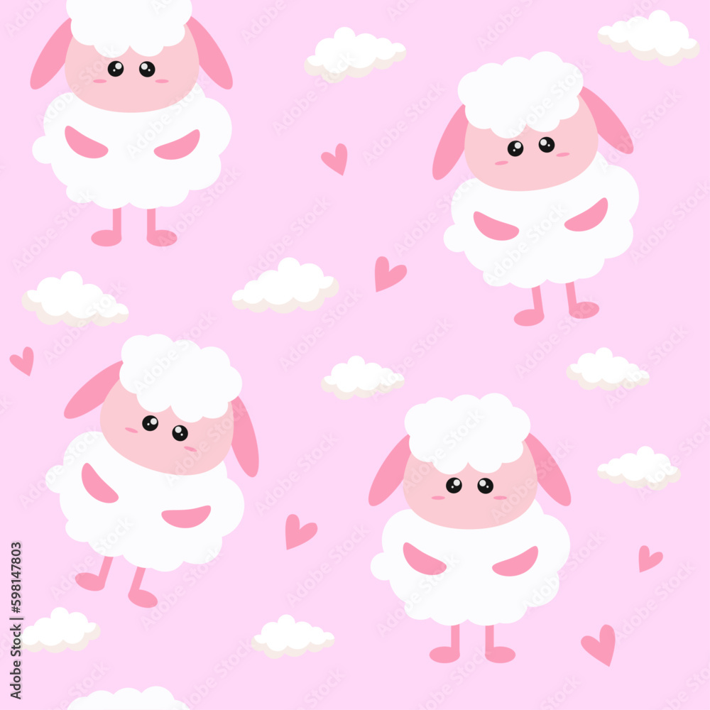 Seamless cute cartoon pattern with simple sheep, white clouds, pink hearts on a pink background. Seamless background with cute fluffy lambs for baby card or banner