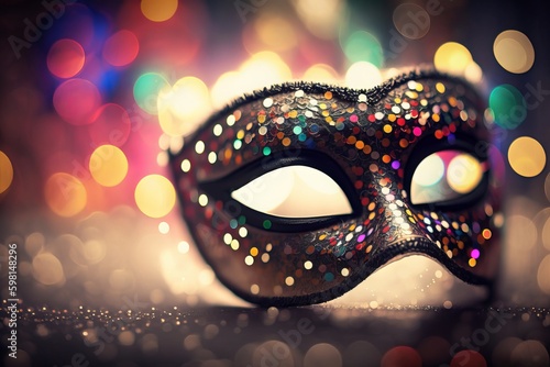 Venetian Mask Party with Shiny Streamers on Abstract Bokeh Lights - Generative AI