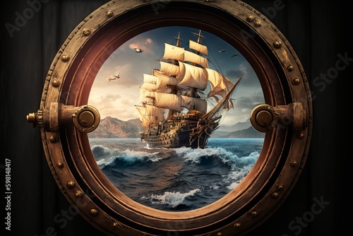 Close-up of a Boat Porthole with View of Old Galleon - Generative AI photo