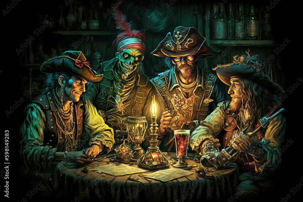 Pirate-themed Tabletop Adventure with Four Colorful Characters - Generative AI