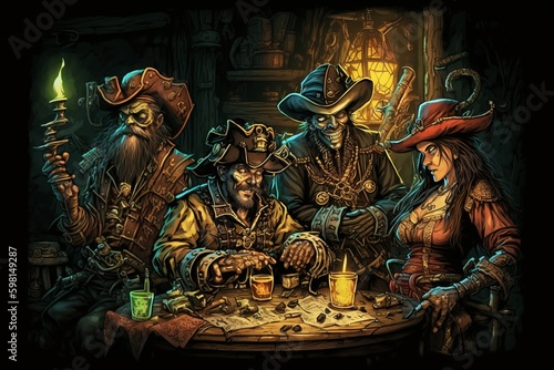 Pirate-themed table with costumes, accessories, and rum - Generative AI