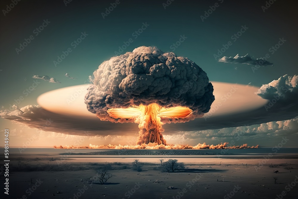 Nuclear Bomb Explosion: Devastating Mushroom Cloud - Generative AI - obrazy, fototapety, plakaty 